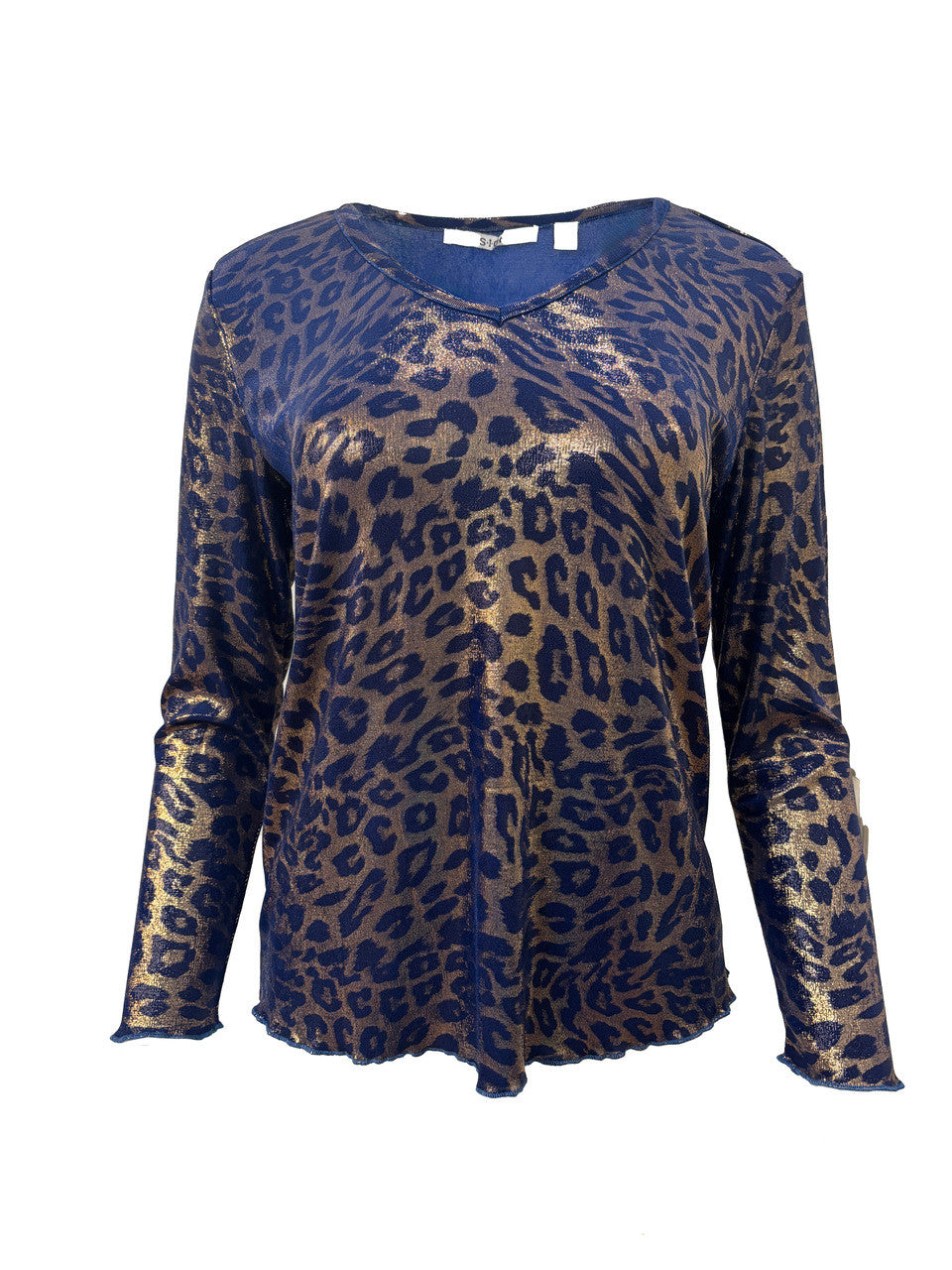 BCT7633PR Printed Metallic Knit V Neck Top