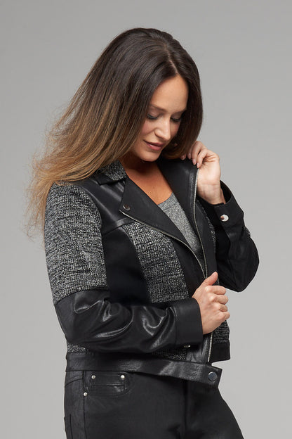 BCJ101C06RIB Faux Vegan Leather/Knit Combo Moto Jacket