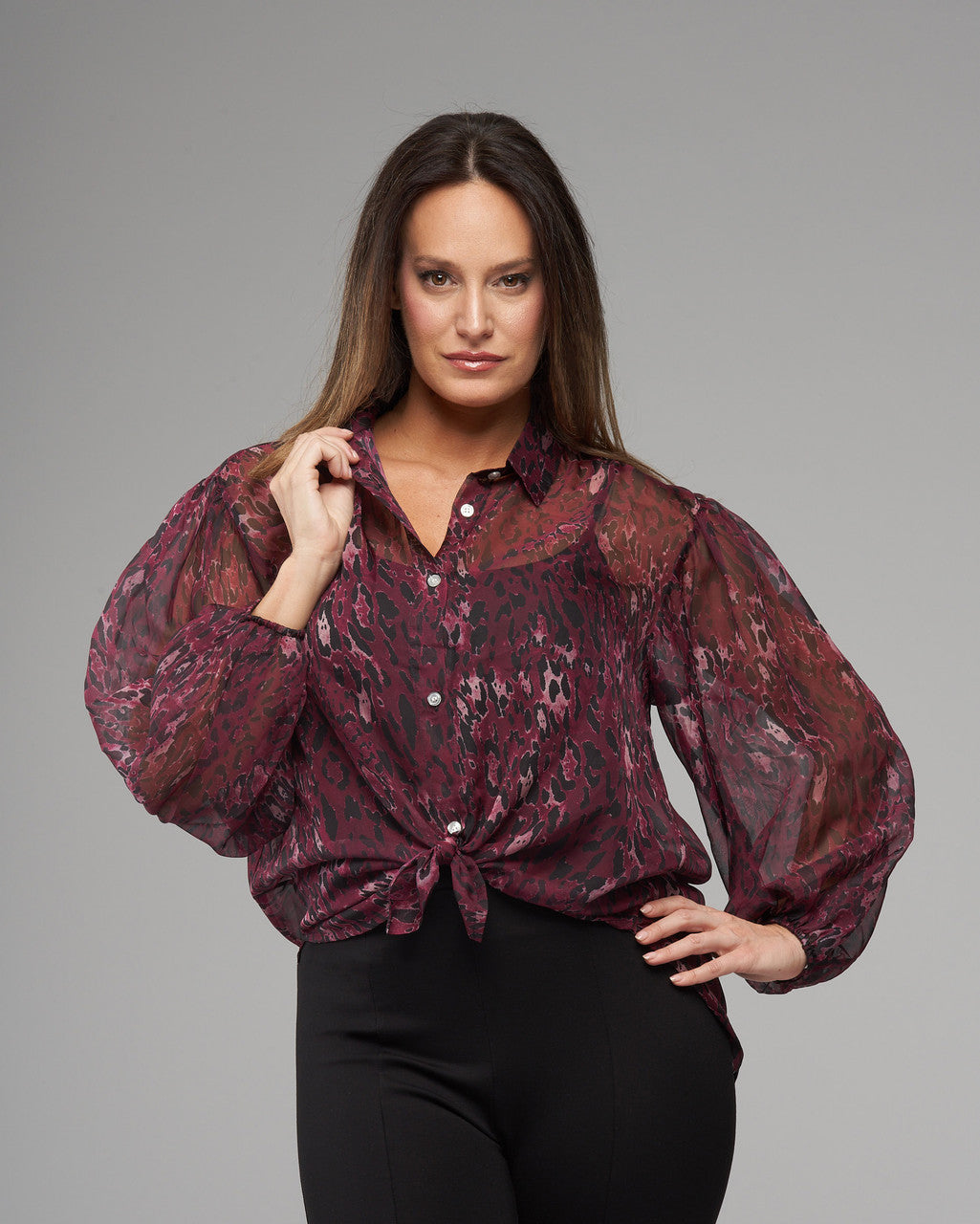 Pink Leopard BCT2613A Georgette Long Sleeve Button Down Blouse in Pink Leopard