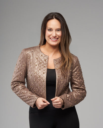 BCJ101C22 Quilted Faux Vegan Leather Bolero with Studs