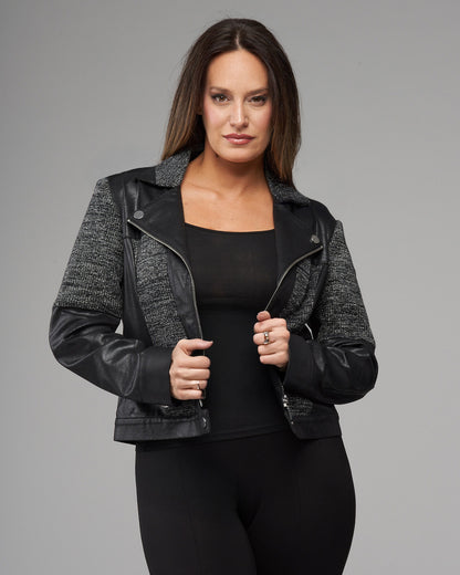 BCJ101C06RIB Faux Vegan Leather/Knit Combo Moto Jacket