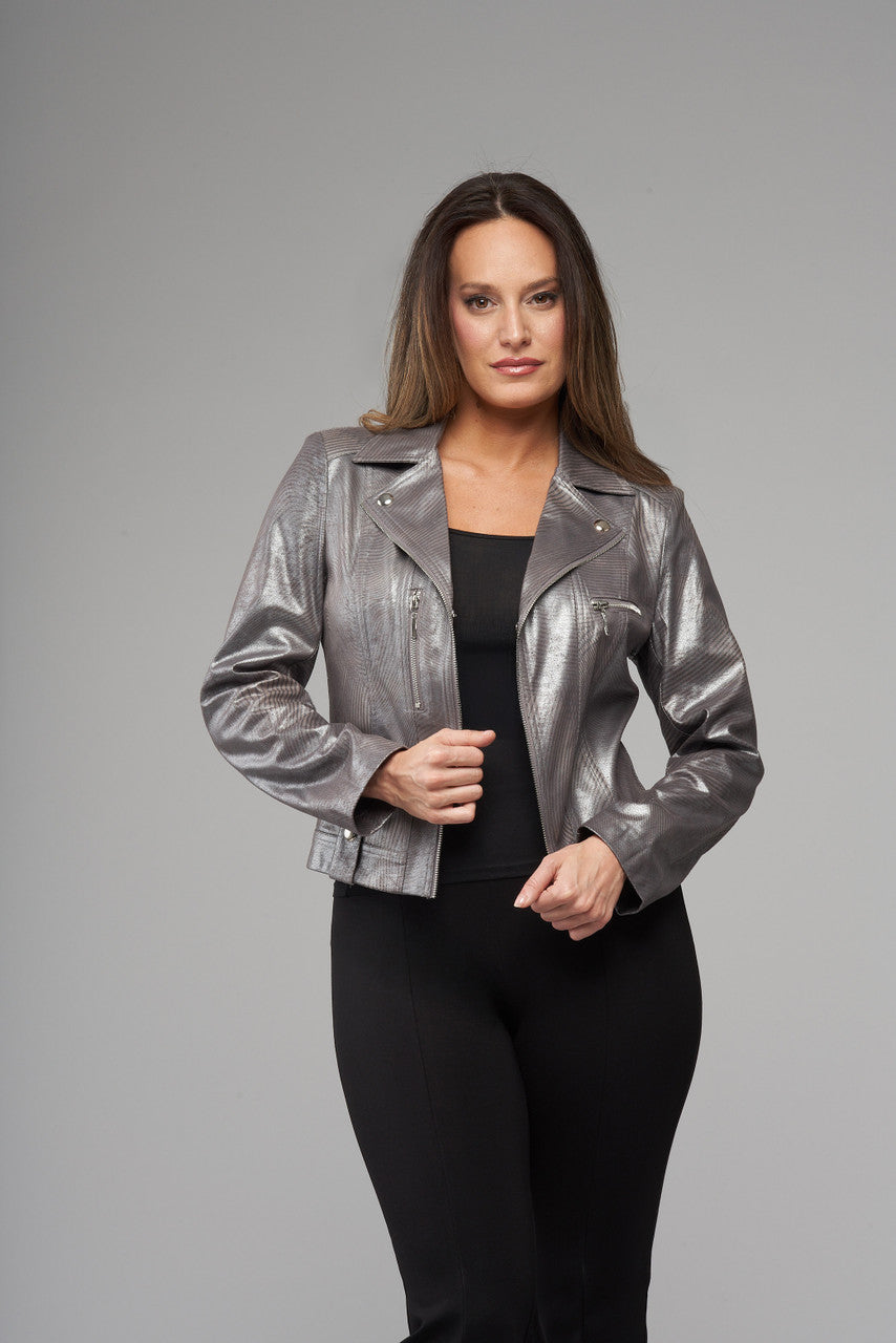 BCJ17681MPRG Printed Metallic Vegan Leather Moto Jacket