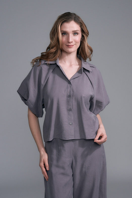 BCT5767A Puff Sleeve Cropped Button Up Top