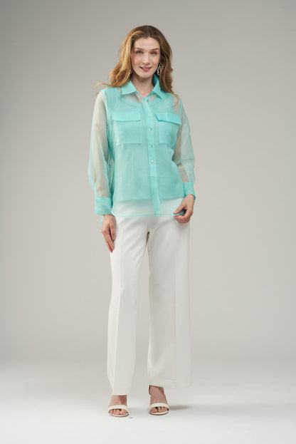 BCT10157A Organza Button Up Top with Pockets