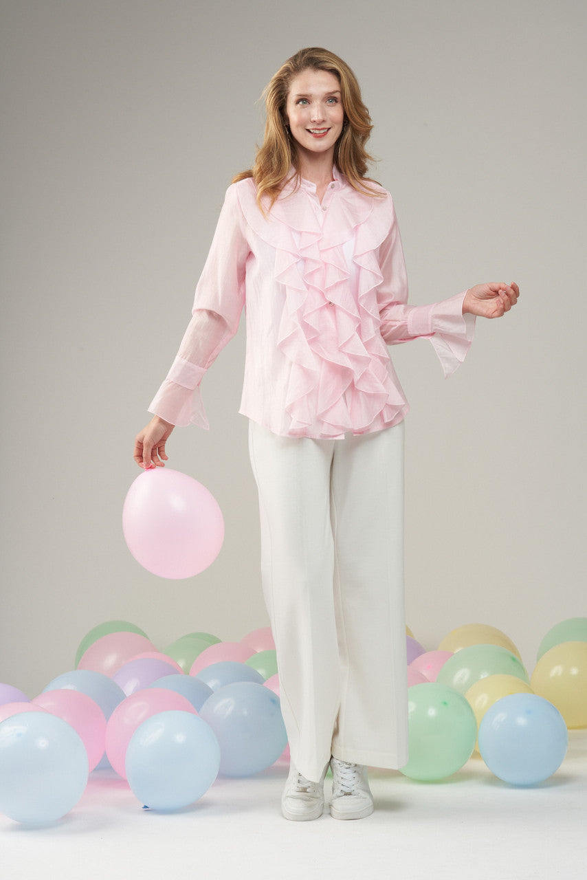 BCT9021B Ruffle Long Sleeve Button Up Top