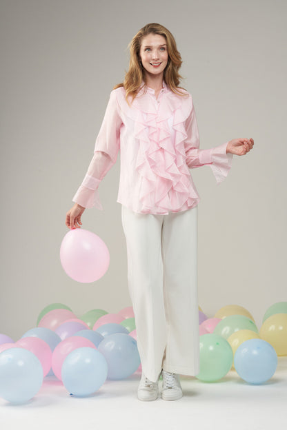 BCT9021B Ruffle Long Sleeve Button Up Top