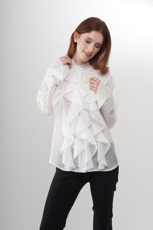 BCT9021B Ruffle Long Sleeve Button Up Top