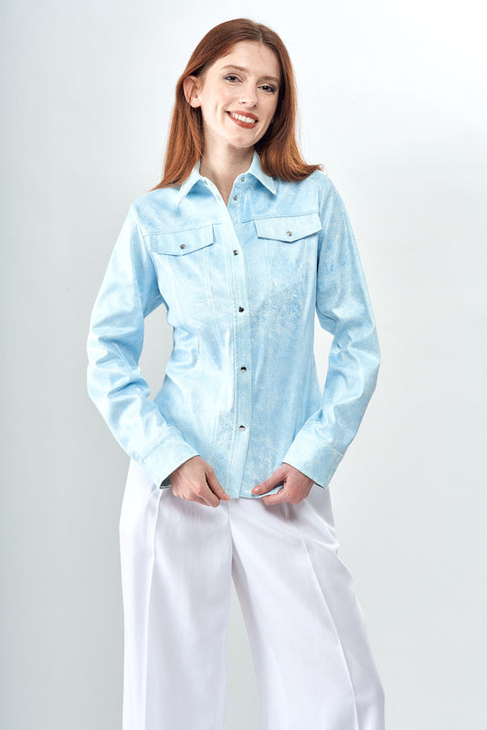 Liquid Blue Stone BCJ0987PRA Metallic Faux Vegan Shacket with Snap Closure in Liquid Blue Stone