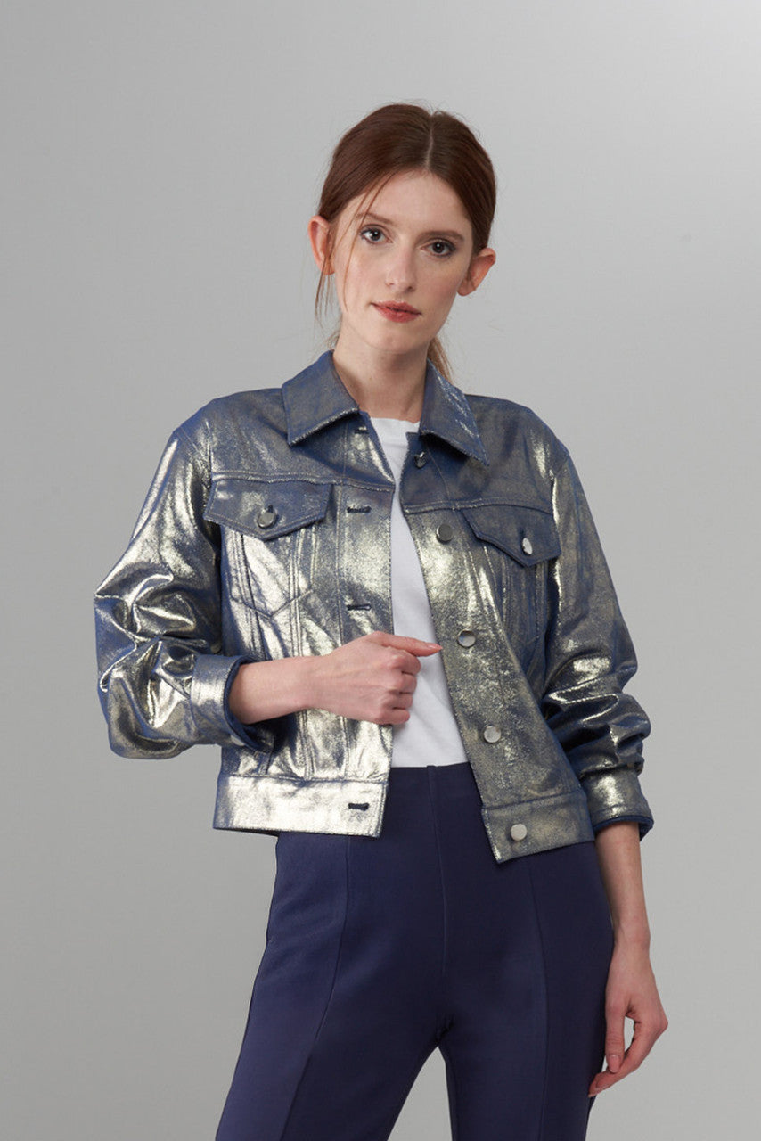 BCJ1865F Faux Vegan Leather Jacket in Liquid Denim