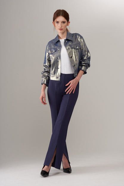 BCJ1865F Faux Vegan Leather Jacket in Liquid Denim