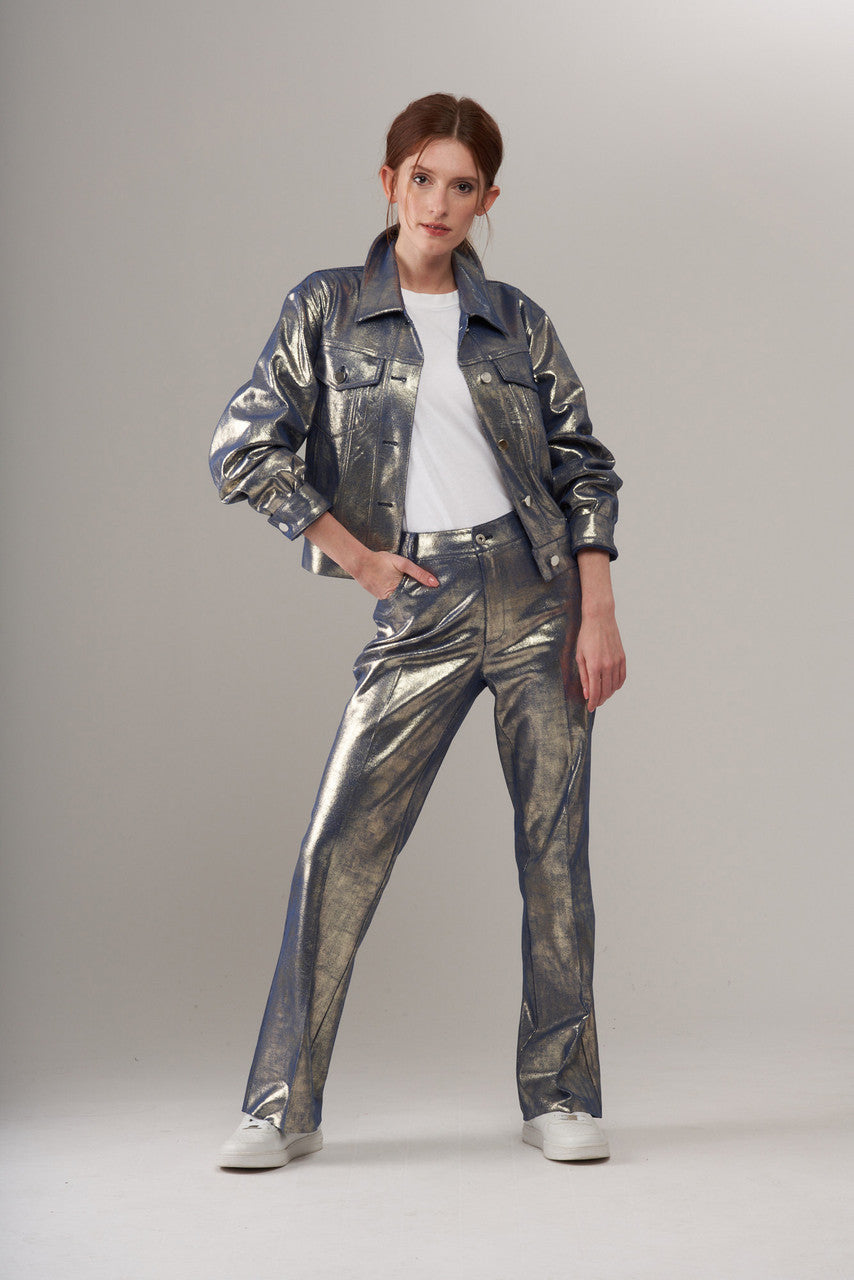 BCJ1865F Faux Vegan Leather Jacket in Liquid Denim