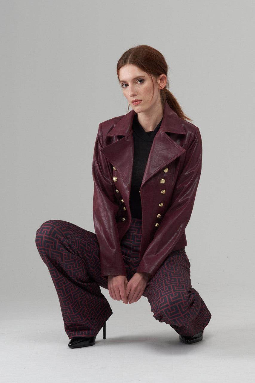 BCJ5726CB Solid Vegan Leather Jacket with Button Trim