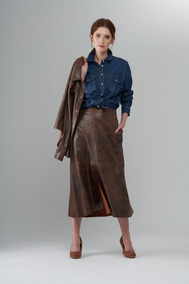 BCS8765PR Faux Vegan Textured Leather Skirt in New Yellowstone