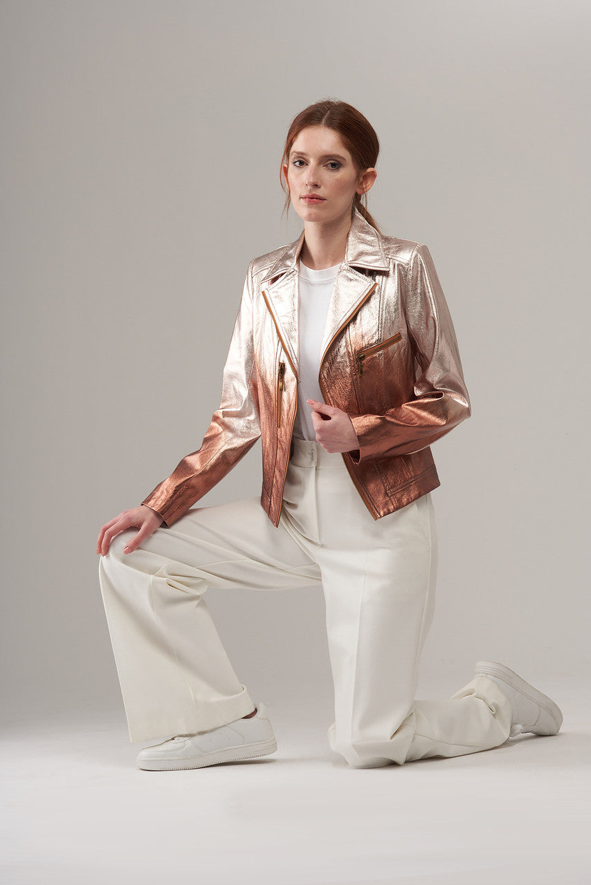 BCJ17681MPRG Printed Metallic Vegan Leather Moto Jacket