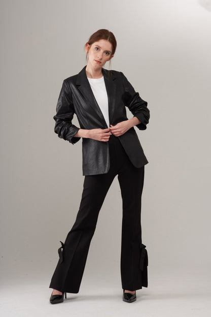 BCJ4701 Scrunch Sleeve Vegan Leather Blazer
