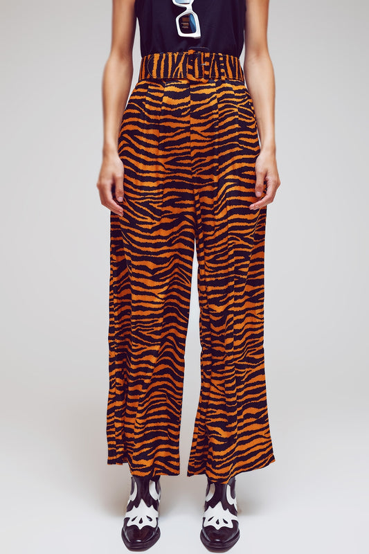 Q2 Animal Print Straight Leg Pants With Wide Buckle Belt