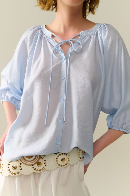 Baby Blue chiffon Top With Puffed Sleeves