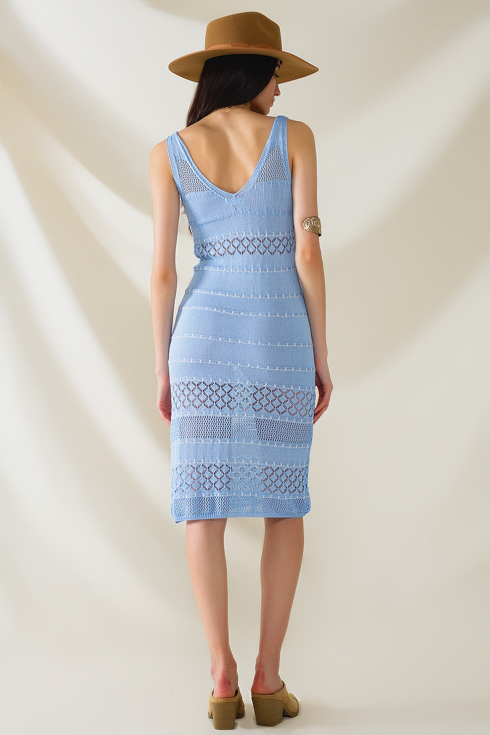 Baby Blue Midi Sleeveless Dress With V-neck and Crochet Design