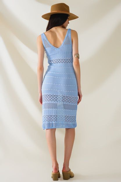 Baby Blue Midi Sleeveless Dress With V-neck and Crochet Design