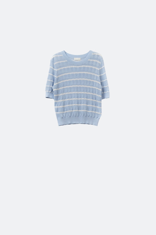 Q2 baby Blue Openwork Knit Top with Short Sleeves and White Stripes