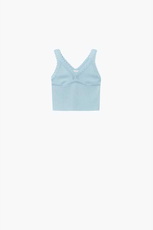 Q2 Baby Blue Ribbed Knit Top with Scalloped V-Neck