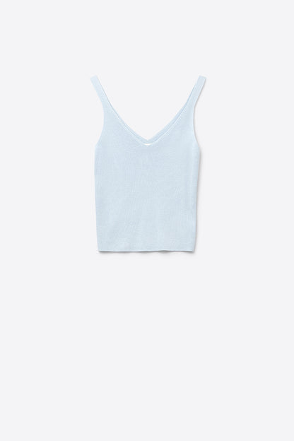 Q2 Baby Blue ribbed knit top with V-neck and spaghetti straps
