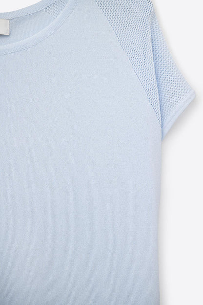 baby Blue Short Sleeve Sweater with knitted mesh on the shoulder