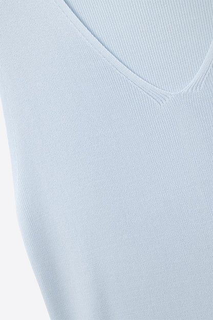 baby blue sleeveless fine knitted top With V-Neck