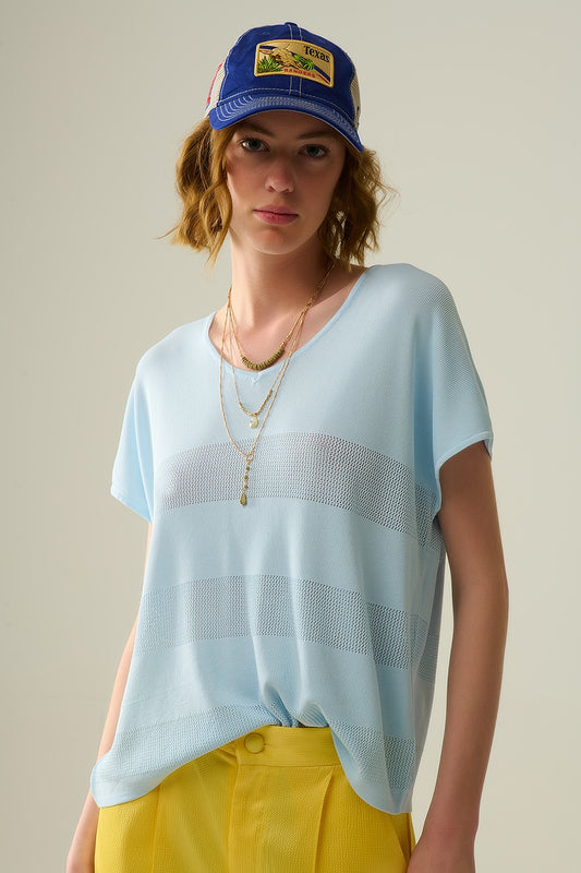 Q2 Baby Blue V-neck sweater with open knit detail