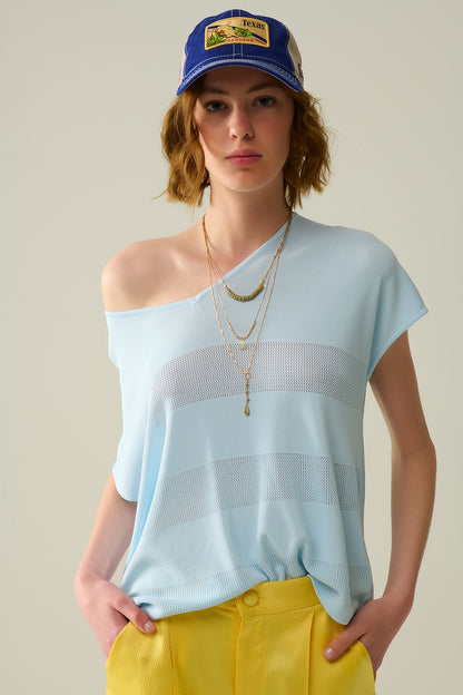 Baby Blue V-neck sweater with open knit detail