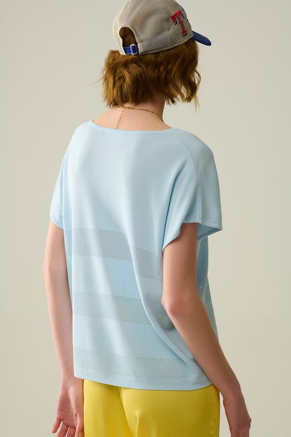 Baby Blue V-neck sweater with open knit detail