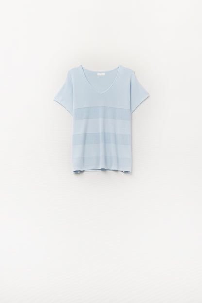 Baby Blue V-neck sweater with open knit detail