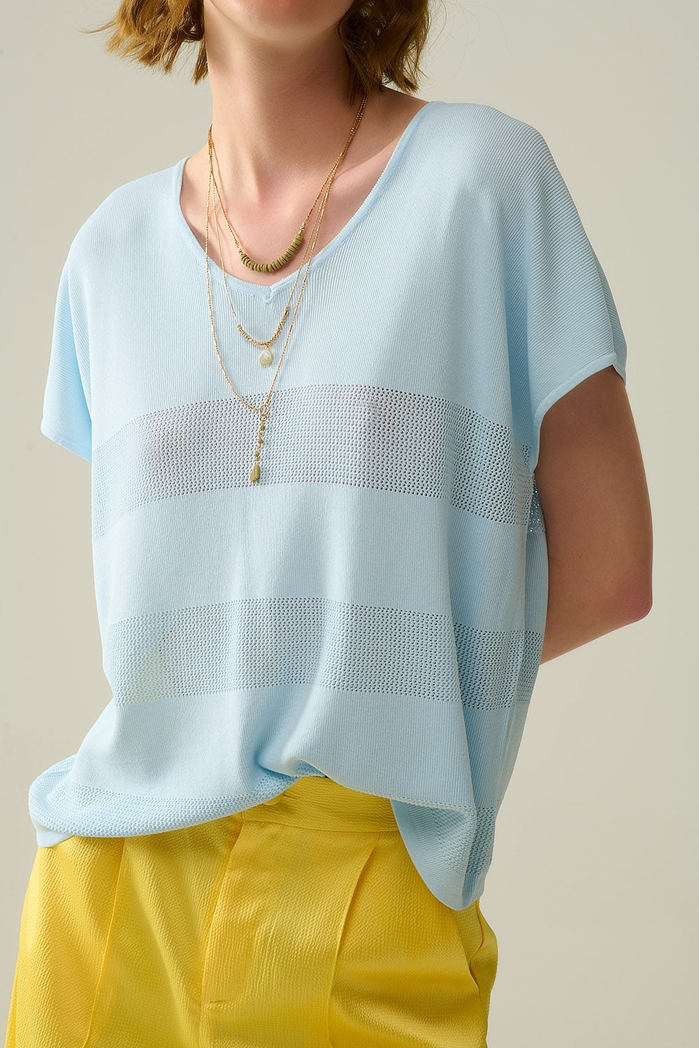 Baby Blue V-neck sweater with open knit detail