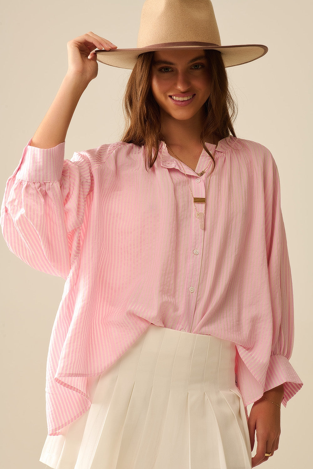 Balloon-Sleeve Striped Blouse in Pink