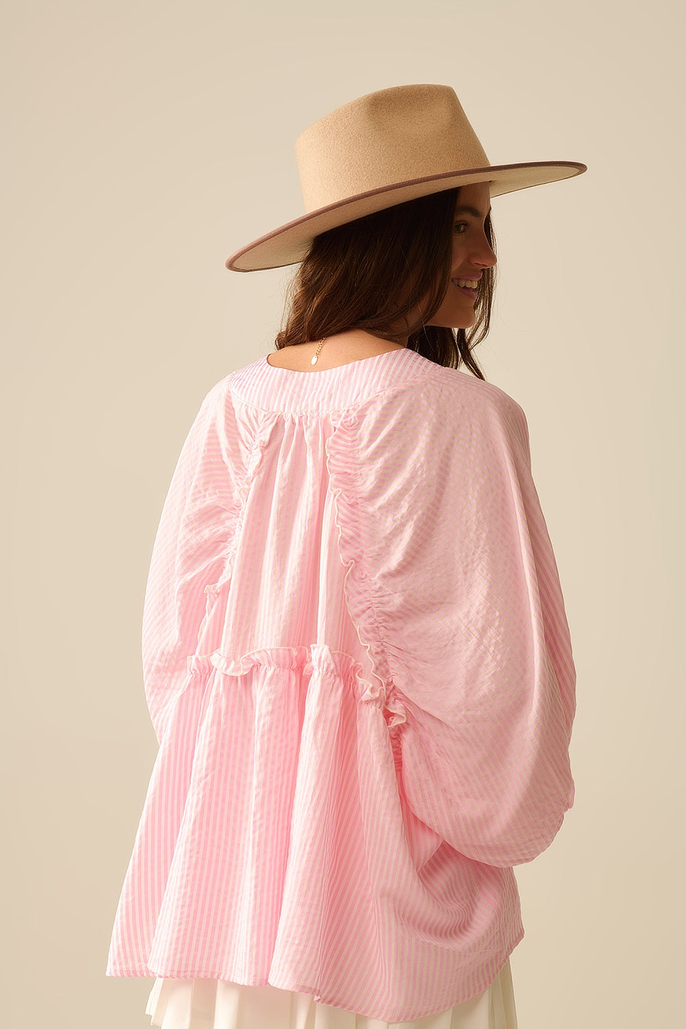 Balloon-Sleeve Striped Blouse in Pink
