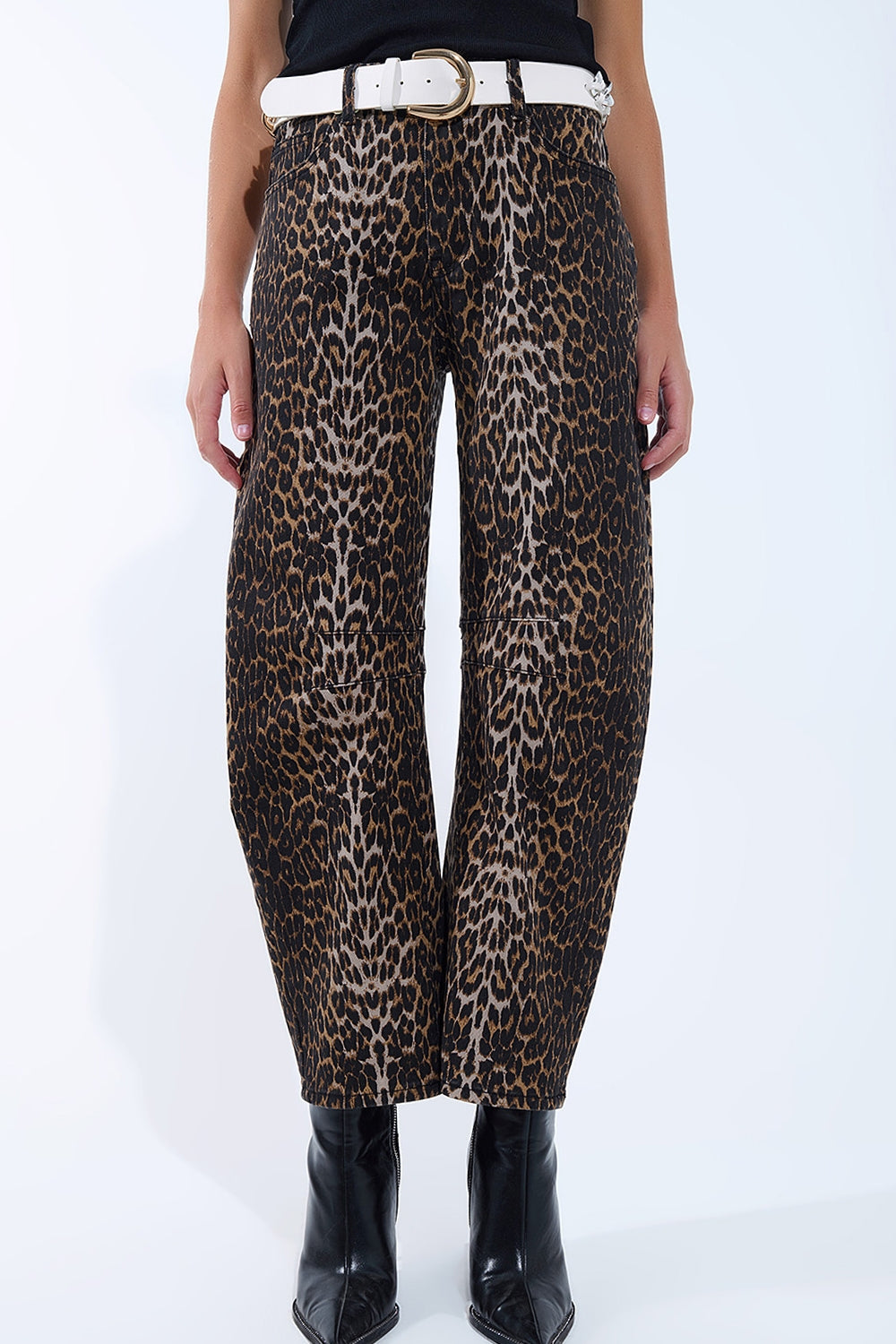 Q2 Barrel Leopard Print Jeans
