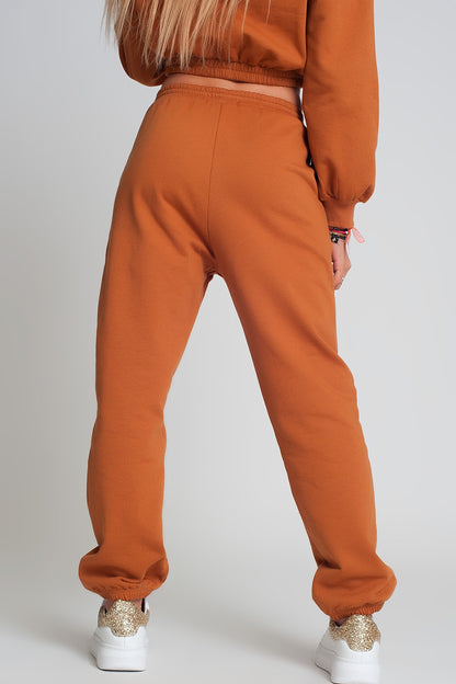 Basic sweatpants with tie waist in cotton in camel