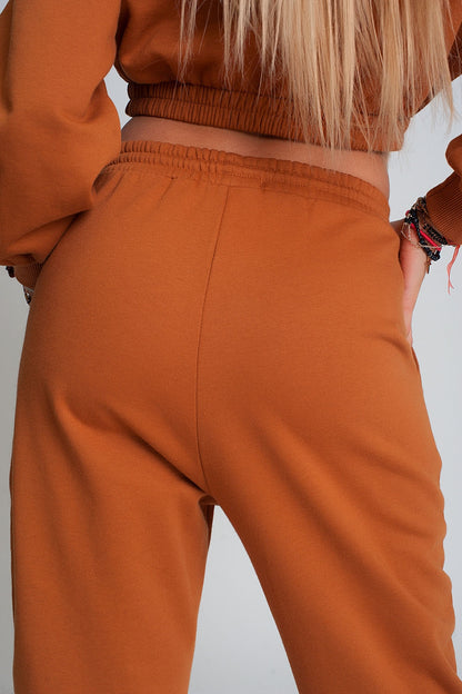Basic sweatpants with tie waist in cotton in camel