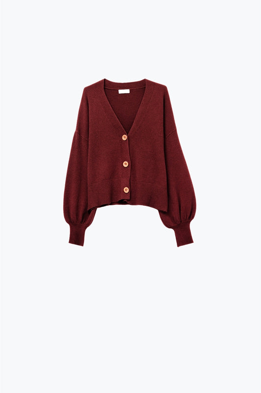 Q2 Basic V-neck Cardigan With Long Sleeve in burgundy