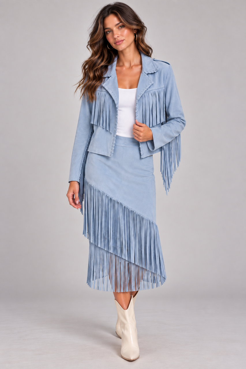 BCS8947A Silky Suede Fringe Skirt