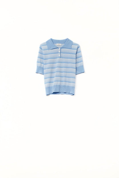 Q2 Beige and Blue Striped Sweater With Polo Neck