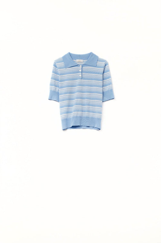 Q2 Beige and Blue Striped Sweater With Polo Neck