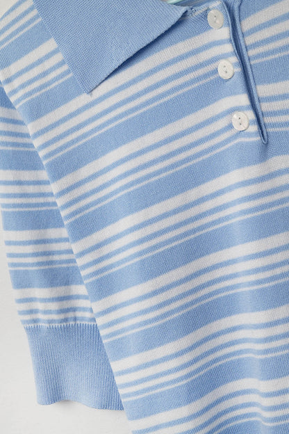 Beige and Blue Striped Sweater With Polo Neck