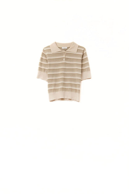 Beige and camel Striped Sweater With Polo Neck