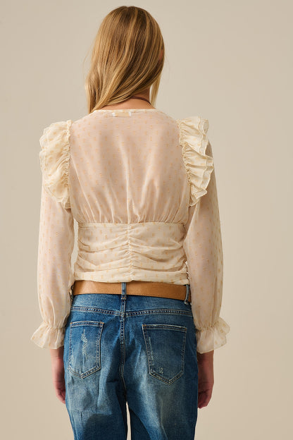 Beige Blouse with golden dots and frill details