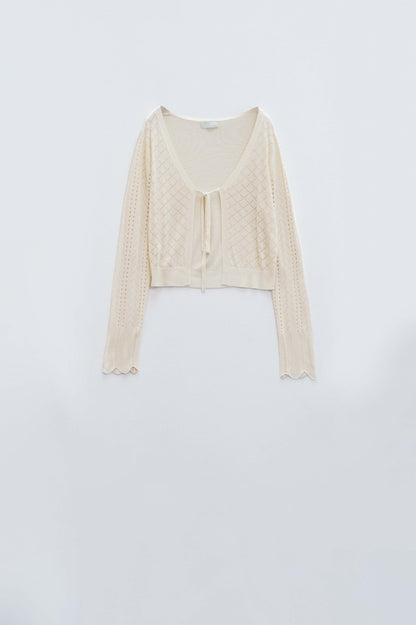 Q2 Beige Cardigan with Argyle Print and Tie Closing