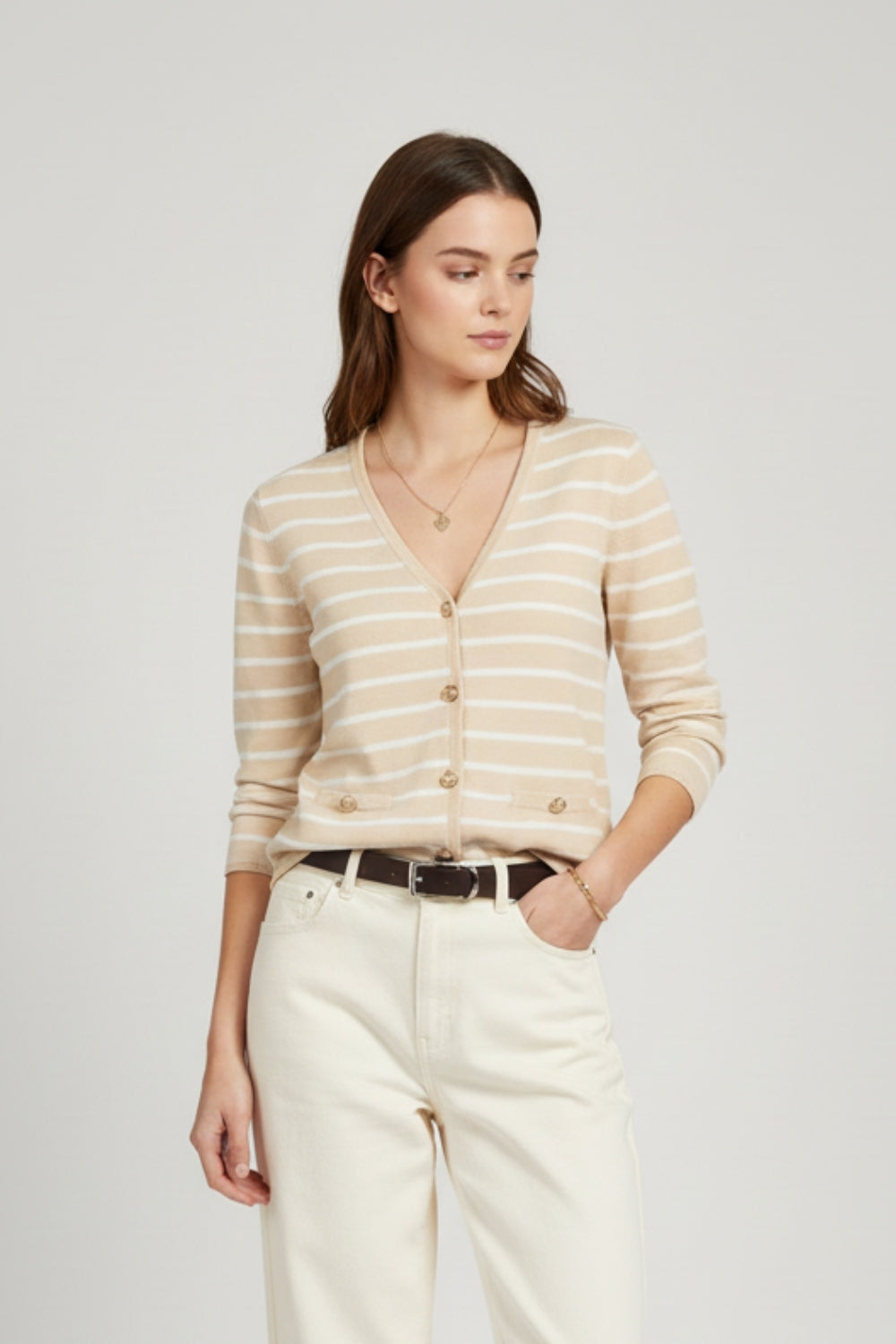 Beige Cardigan with White Stripes and Gold Buttons