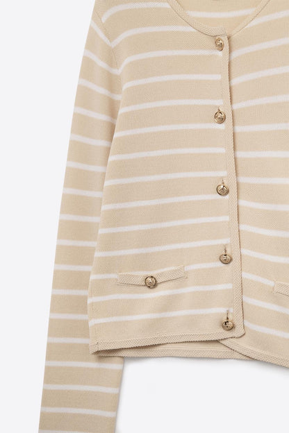 Beige Cardigan with White Stripes and Gold Buttons