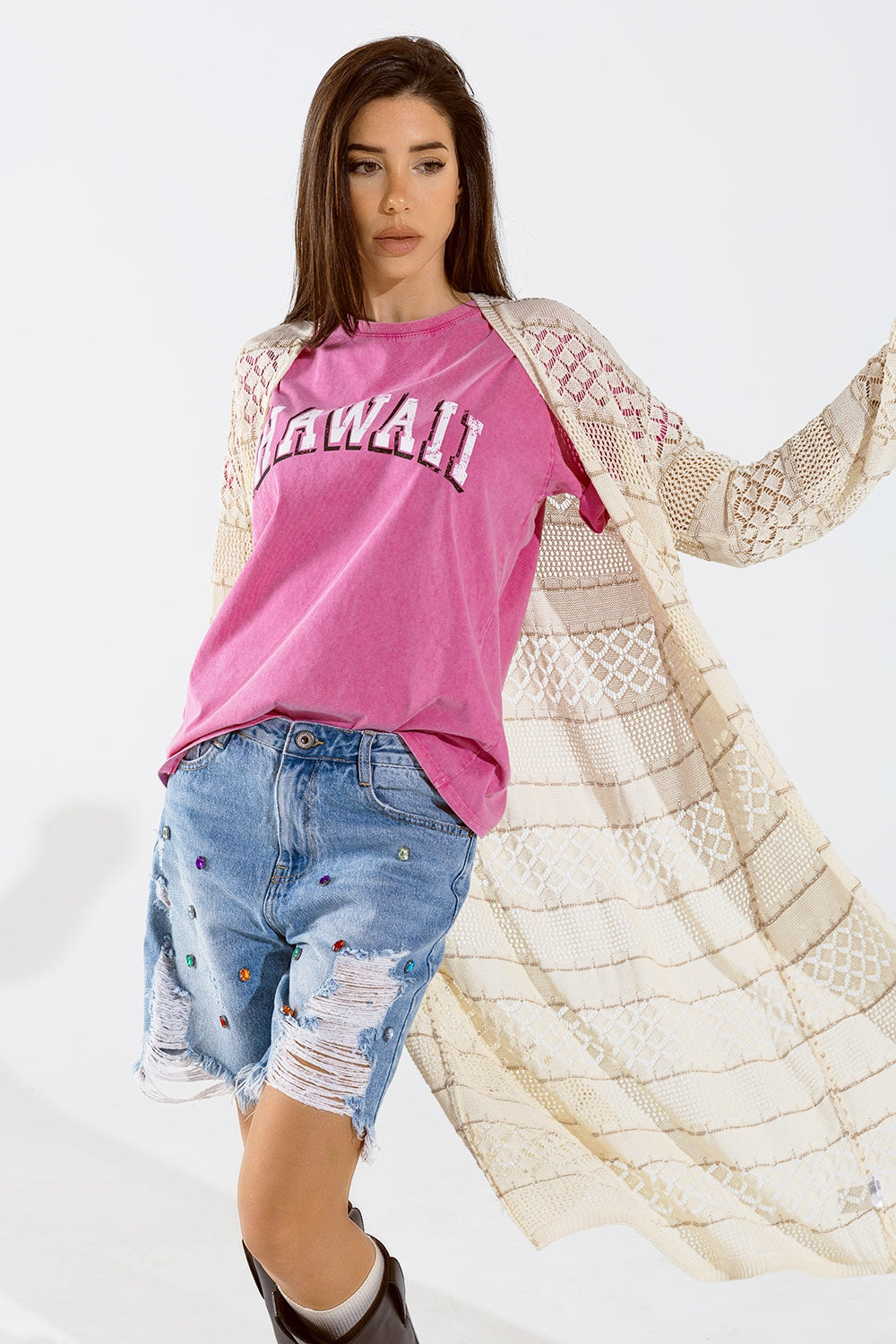 Q2 Beige Crochet Maxi Cardigan With Long Sleeves