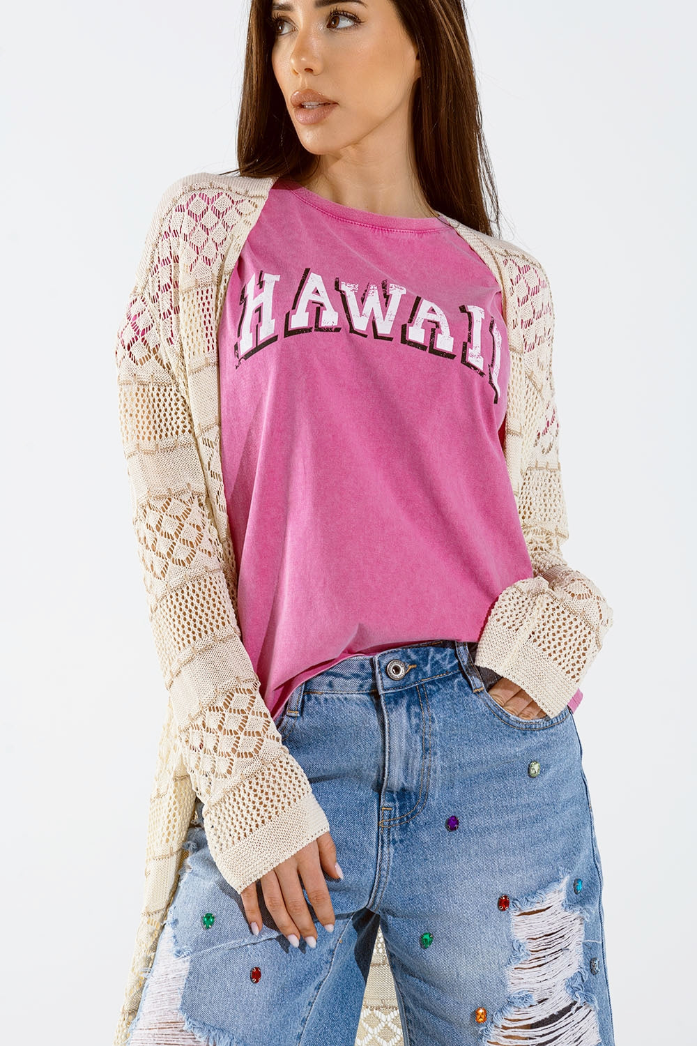 Beige Crochet Maxi Cardigan With Long Sleeves